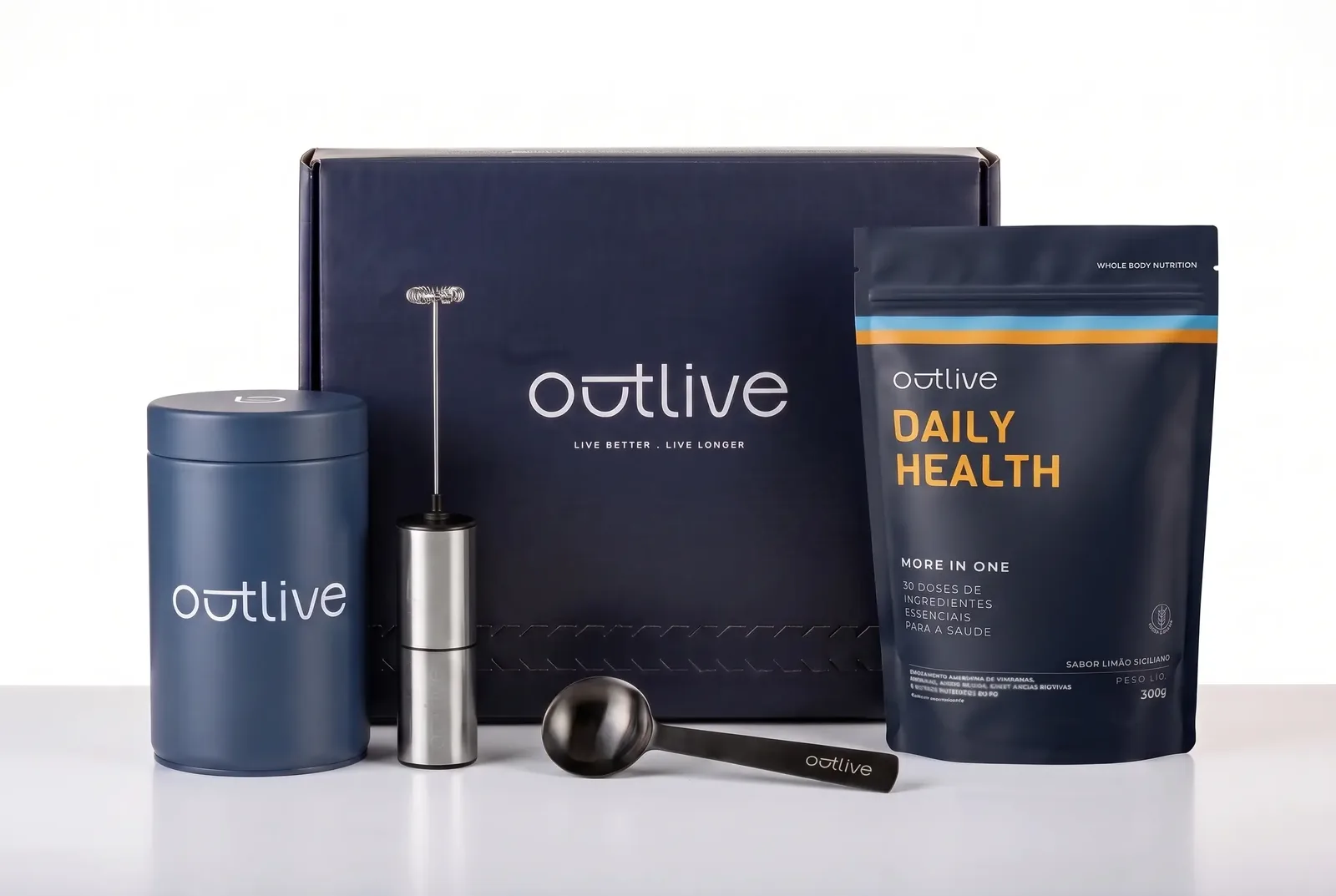 Kit Outlive com lata, mixer, medidor e Daily Health sabor limão siciliano